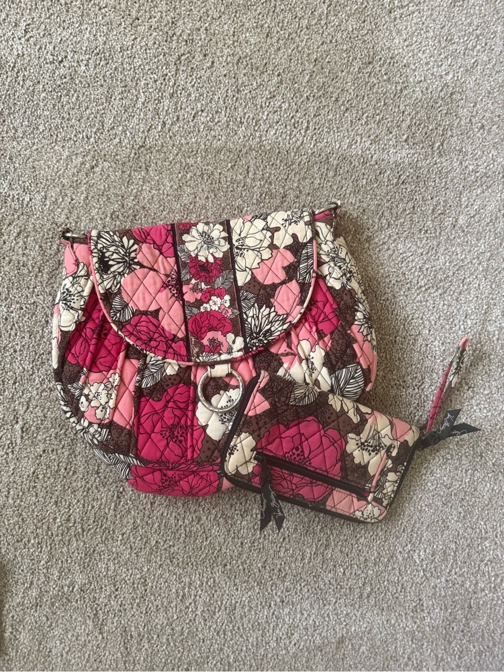 Vera Bradley Pink, Cream and Brown Quilted Floral Crossbody with Wristlet